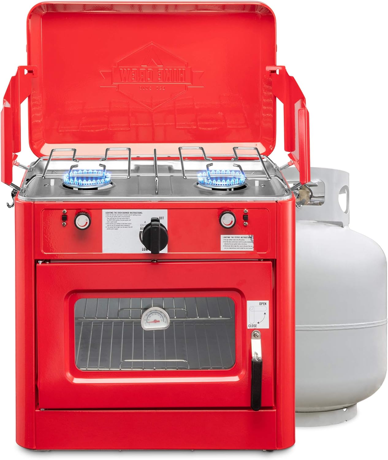 Hike Crew Outdoor Gas Camping Oven w/Carry Bag | 2-in-1 Portable Propane-Powered Stovetop & Oven w/ 2-Burner Cooktop Range, Auto Ignition, Overheat Safety Shutoff, Built-In Thermometer, Hose Regulator
