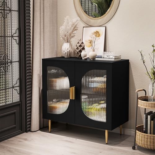 AERPOWER Sideboard Buffet Cabinet with 4 Glass Doors, Wood Accent Cabinet with Storage Shelves, Black Credenza Display Cabinet, Modern Storage Cabinet for Kitchen, Dining Room, Living Room, Hallway