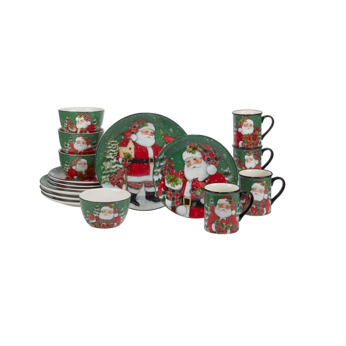 Certified International 16 Piece Lodge Santa with Cardinals Christmas Dinnerware Set