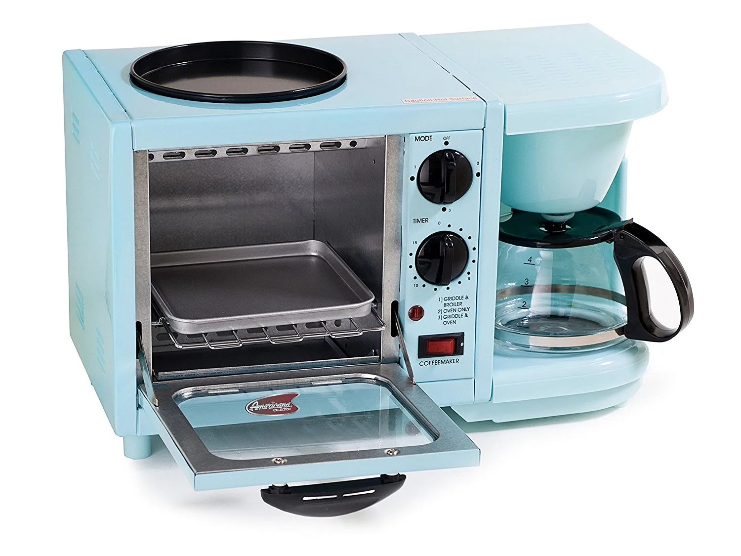 Americana by Elite EBK-200BL 3-in-1 Mini Breakfast Shoppe, Coffee, Toaster Oven, Griddle, Mint Blue