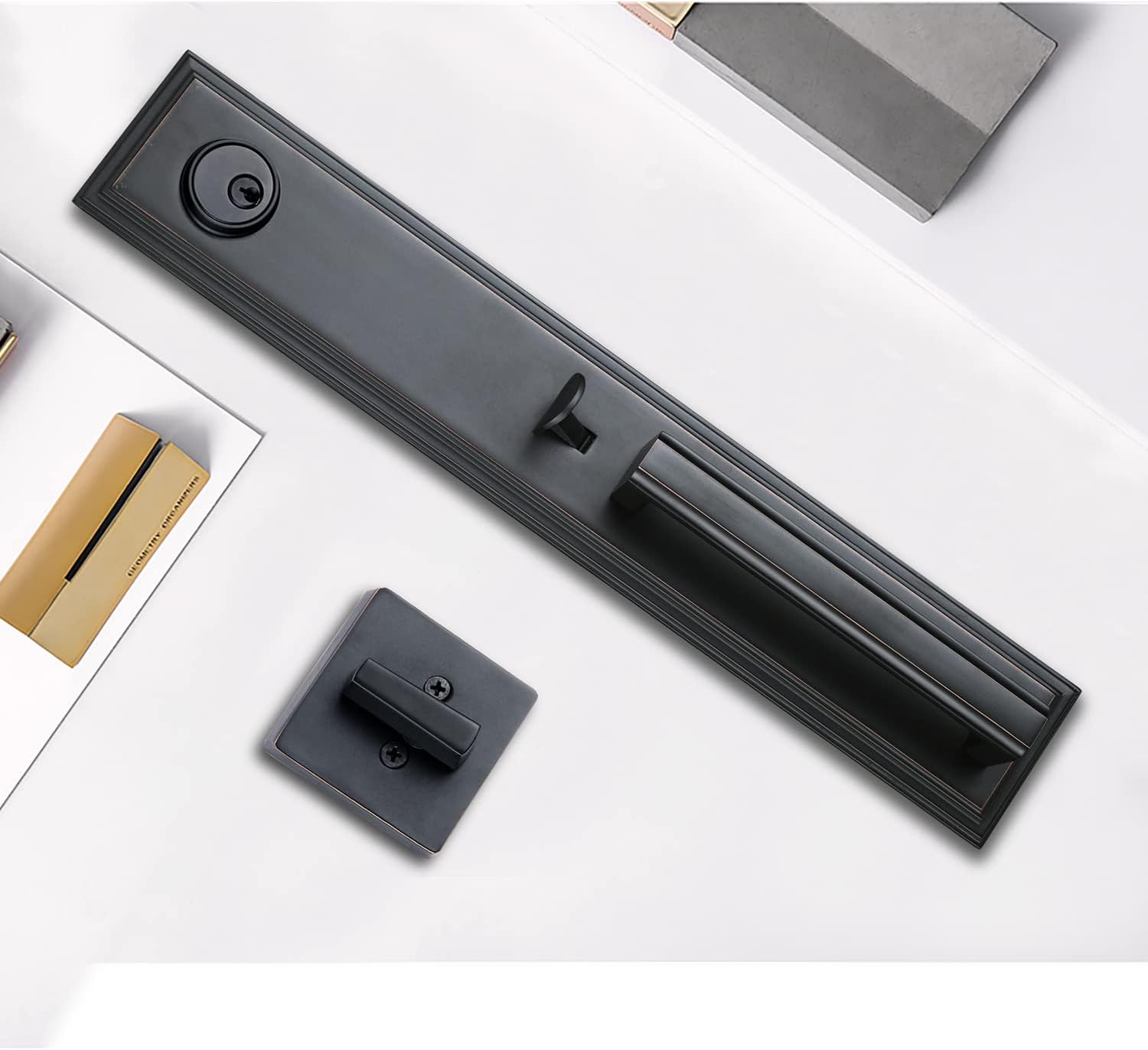 Double Door Handlset for Front Door in Aged Bronze Finish (Keyed Entry Handle and Dummy Hanlset Set)