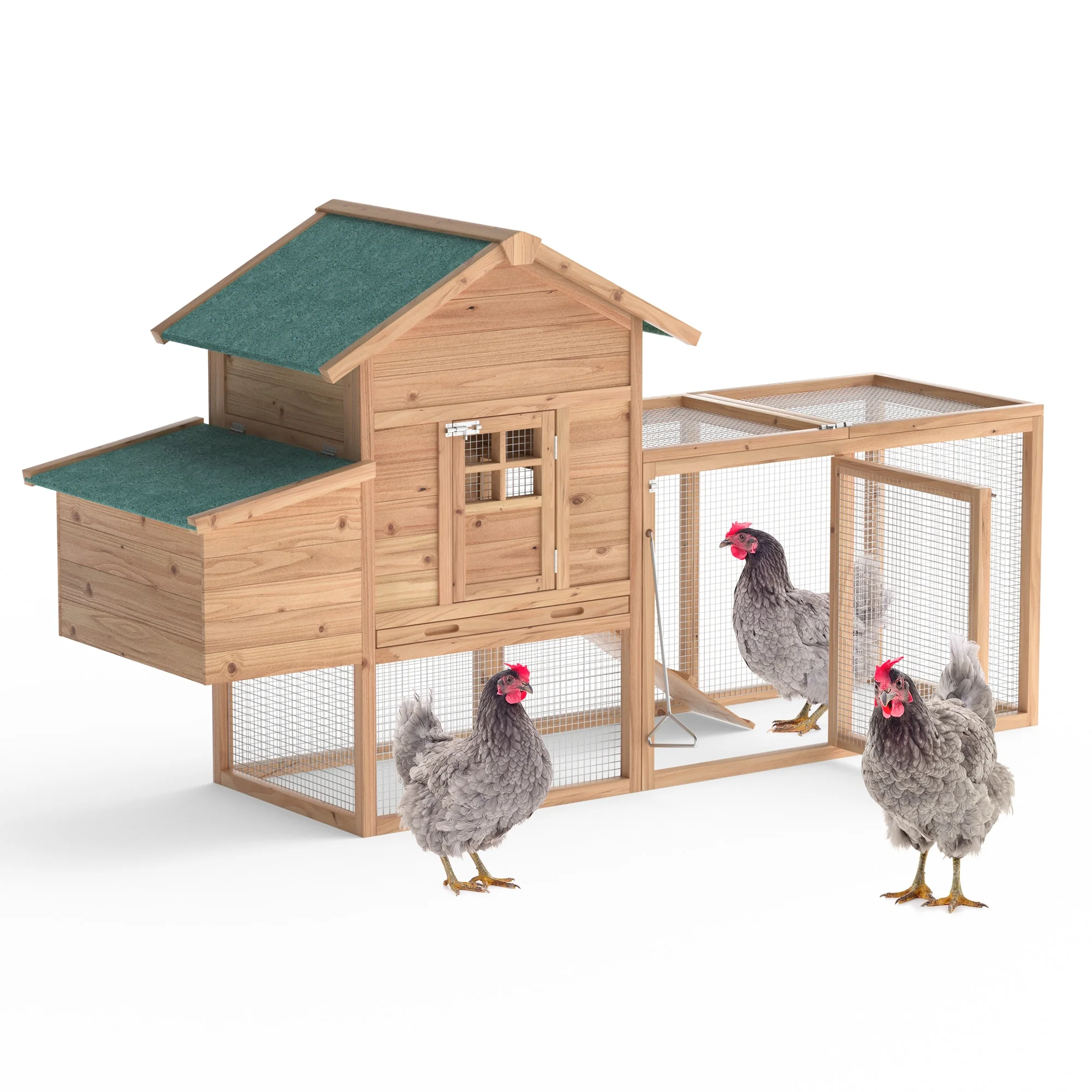 Wooden Chicken Coop, 80” Large Chicken Run 2 Tier Guinea Pig Pet House Outdoor with Pull Out Tray & Ramp Bunny Cage with Egg Box Rabbit Hutch with Lockable Door for Indoor Backyard