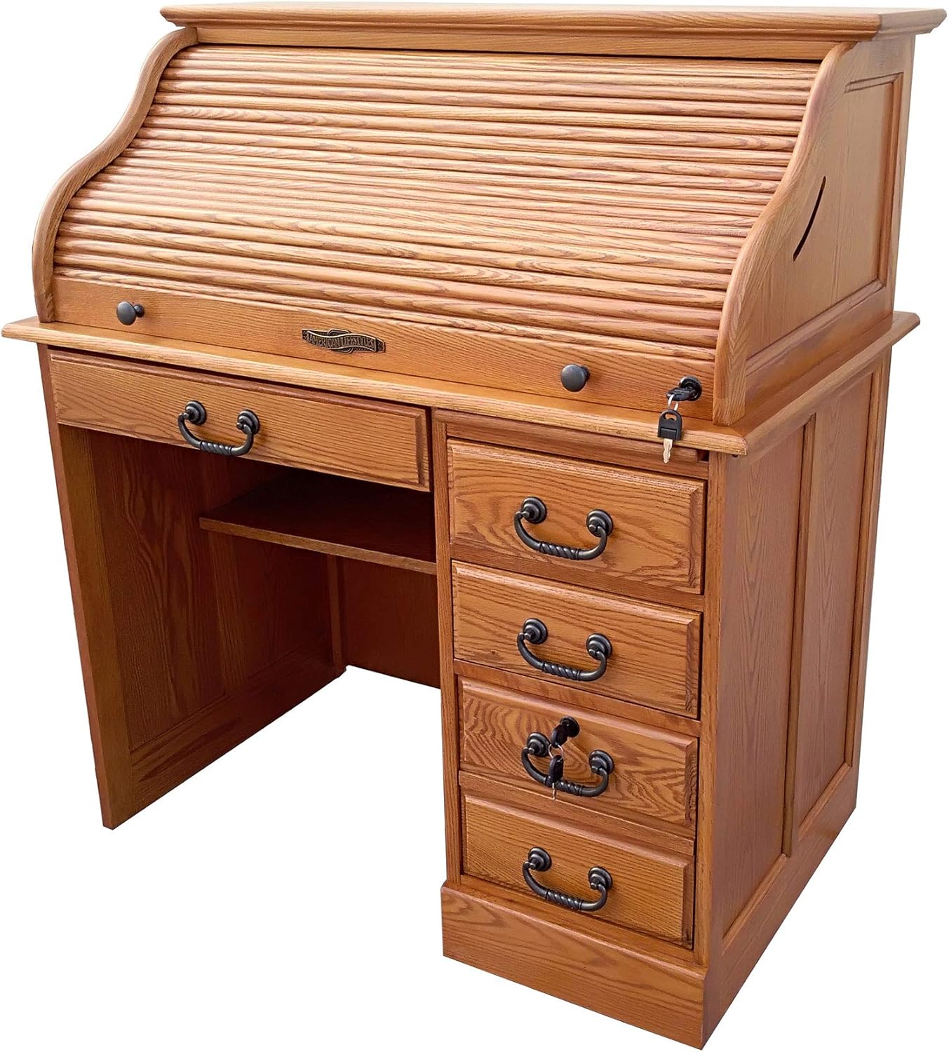 Small Roll Top Desk for Home Office Or Student Solid Oak Wood Single Pedestal 40.5Wx24Dx45H Harvest Stain Quality Crafted Construction Locking File Drawers Dovetailed Secretary Desk Easy Assembly