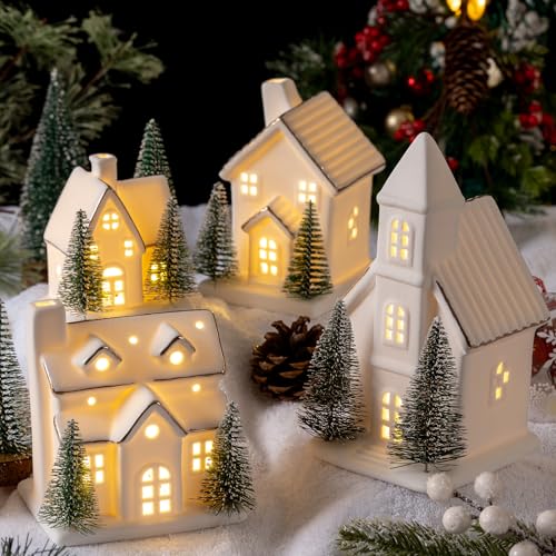4 Pcs Ceramic Christmas Village Set LED Porcelain Village House，Light Up Christmas Village Houses with Xmas Trees Porcelain Figurines White Snow Scene Tabletop Decor