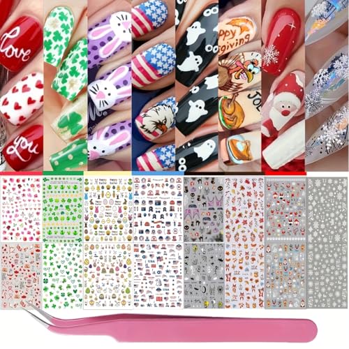 16 Sheets 7 Holiday Nail Art Stickers, Variety Pack All Season Nail Decals for All Year with Tweezers, 3D Self-Adhesive Nail Decoration - with 4th of July Easter Halloween Fall Christmas Valentine