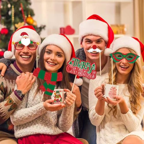 Glitter Christmas Photo Booth Props 30pc Set Photo Backdrop Christmas Party Selfie Prop for Holiday Xmas Party Supplies
