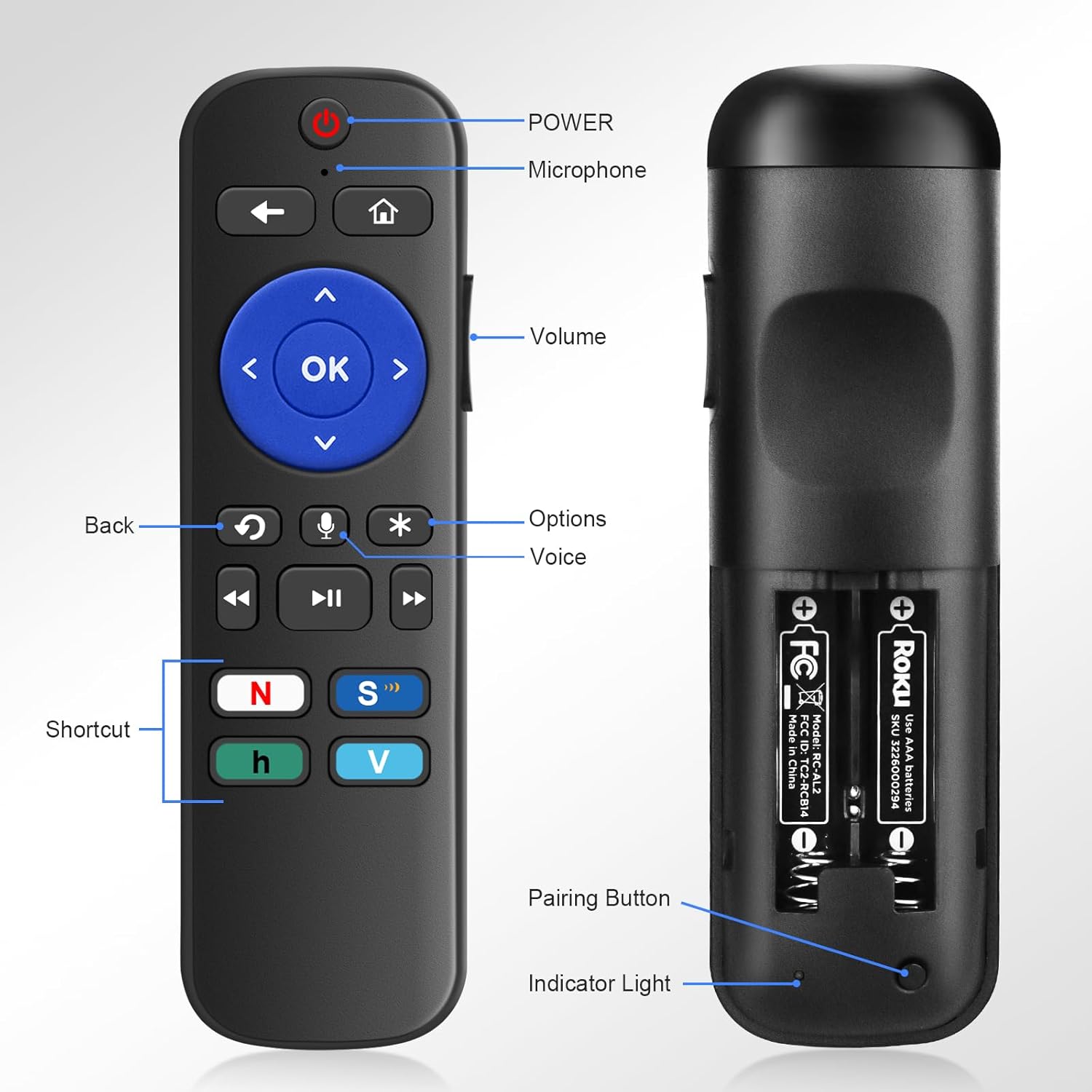 Voice Universal Remote Control for Roku Stick Remote Replacement, for Roku All Streaming Players, Steaming Sticks, Audio and TVs, with 4 App Shorcut Keys
