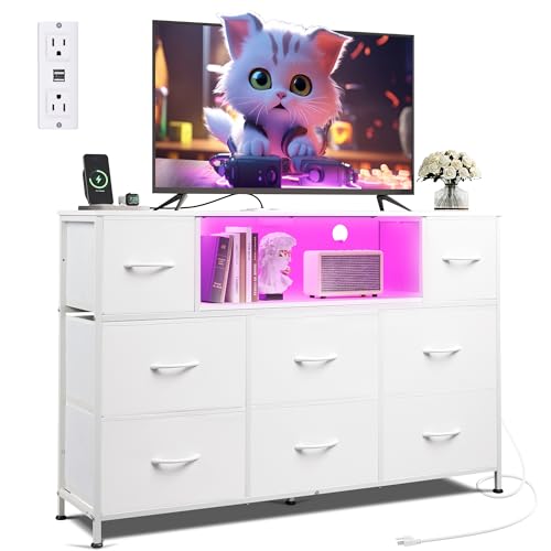 WLIVE Dresser for Bedroom, TV Stand for Bedroom for 50, 55 inch TV with Charging Station and LED Lights, Fabric Chest of Drawers with Open Shelves, 8 Drawer Dressers for Living Room, Closet