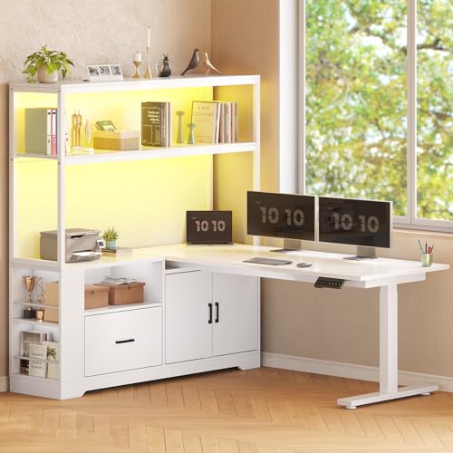 SEDETA L Shaped Standing Desk, Reversible Computer Office Desk with Drawers & Hutch, Stand Up Corner Gaming Desks with LED Lights & Power Outlets for Home Office, White