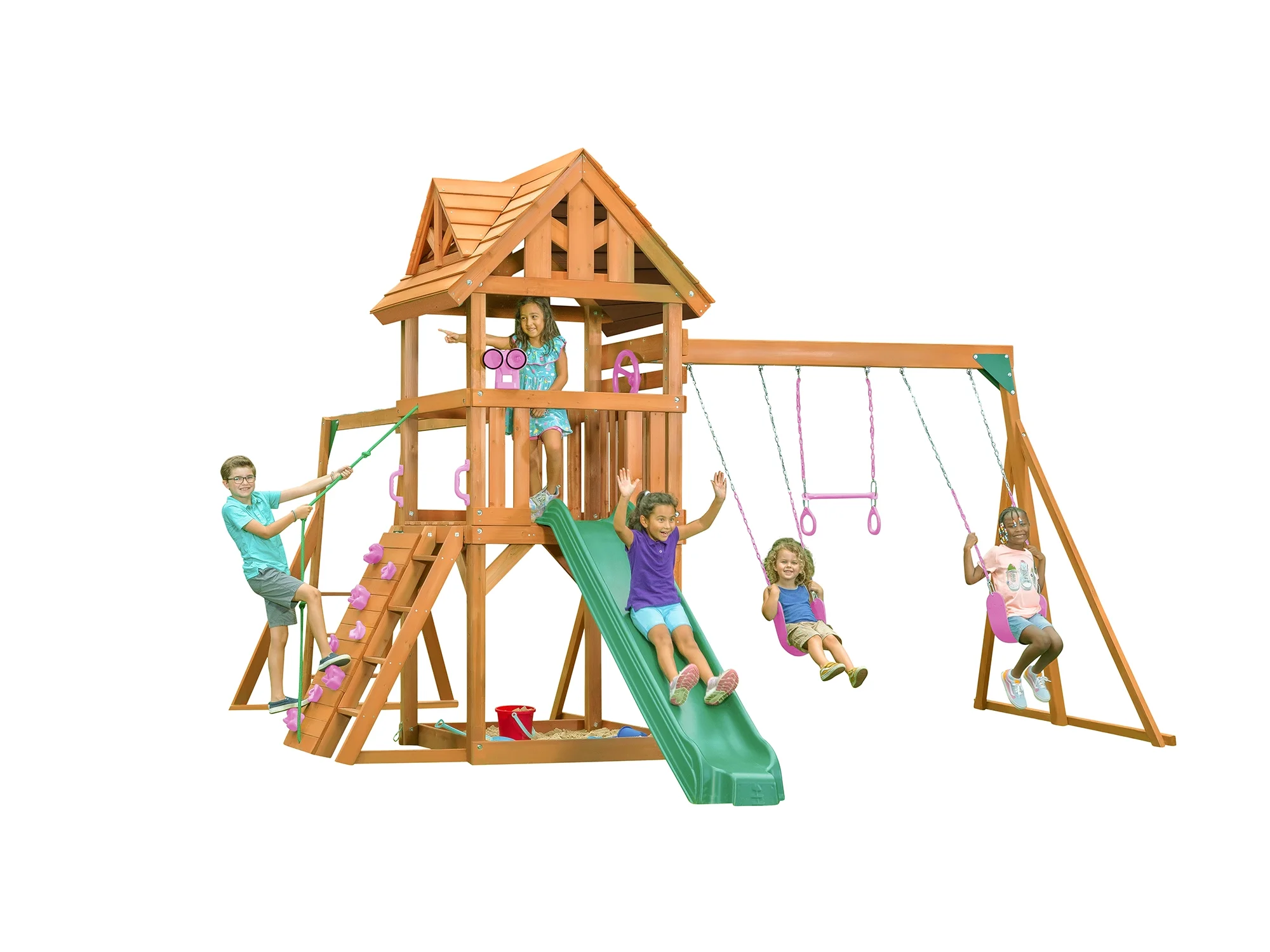 Creative Cedar Designs Mountain View Lodge Swing Set with Wooden Roof with Pink Accessories & Green Slide