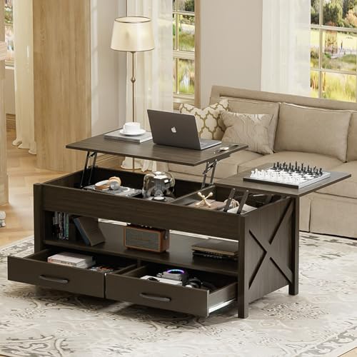 Lift Top Coffee Table for Living Room with Hidden Storage Compartment 2 Lift Tabletops Drawers and Shelf Modern Farmhouse Center Table, 47.2