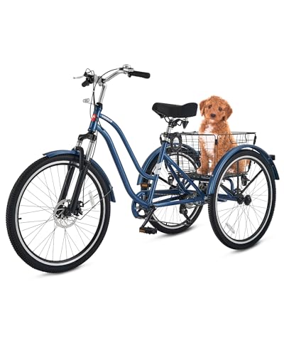 Viribus Adult Tricycle, Tricycle for Adults with Front Suspension and Removable Basket, 24 26 Inch 3 Wheel Bike for Adults 7 Speed Dual Chain, Adult Trike for Men Women Seniors, 400 lb.