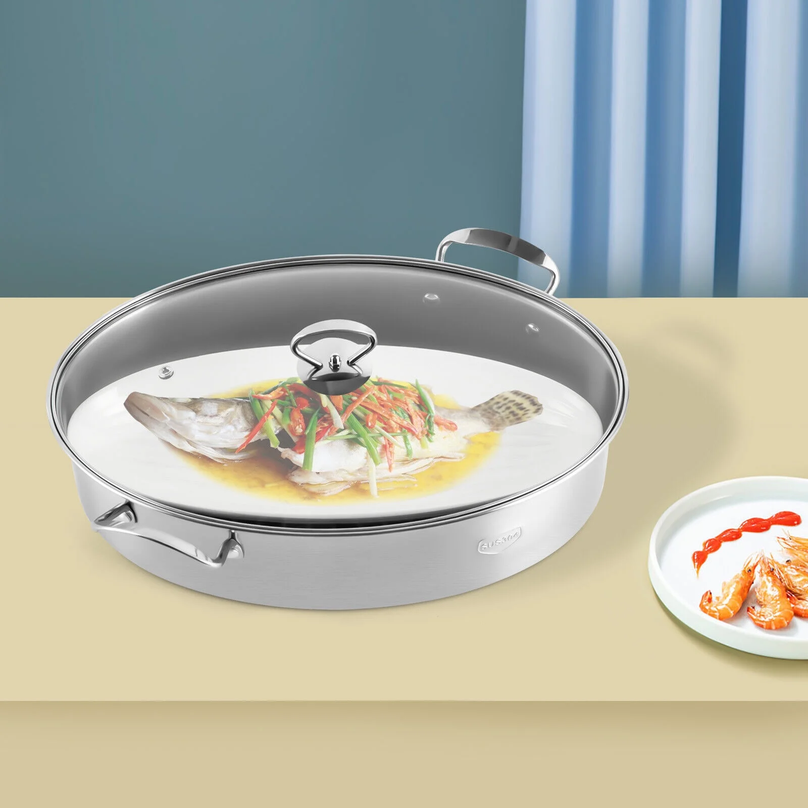 ZhdnBhnos Stainless Steel Fish Steamer Oval Fish Steaming Pot with Glass Lid Multi-Cooker Kitchen Cooking Cookware
