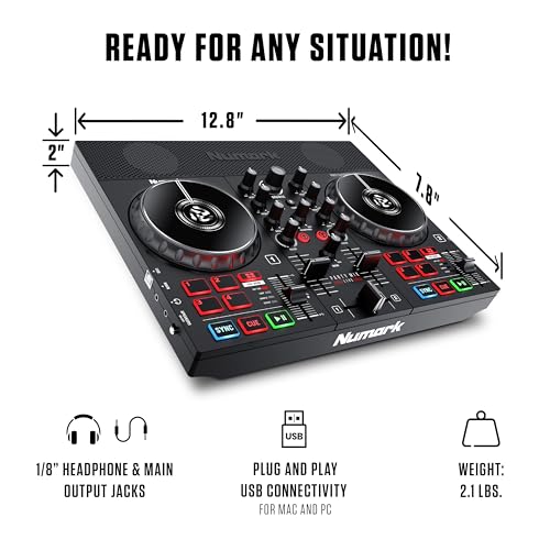 DJ Controller Bundle - USB DJ Set with Party Lights, 2 Decks, DJ Mixer, Audio Interface and DJ Headphones - Numark Party Mix II and HF175
