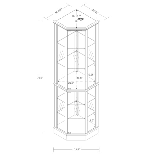Lighted Corner Display Curio Cabinet Wooden Curved Shelving Unit with Tempered Glass Door, Bar and Liquor Storage Area with 6 Shelves - Mirror Back (Walnut)