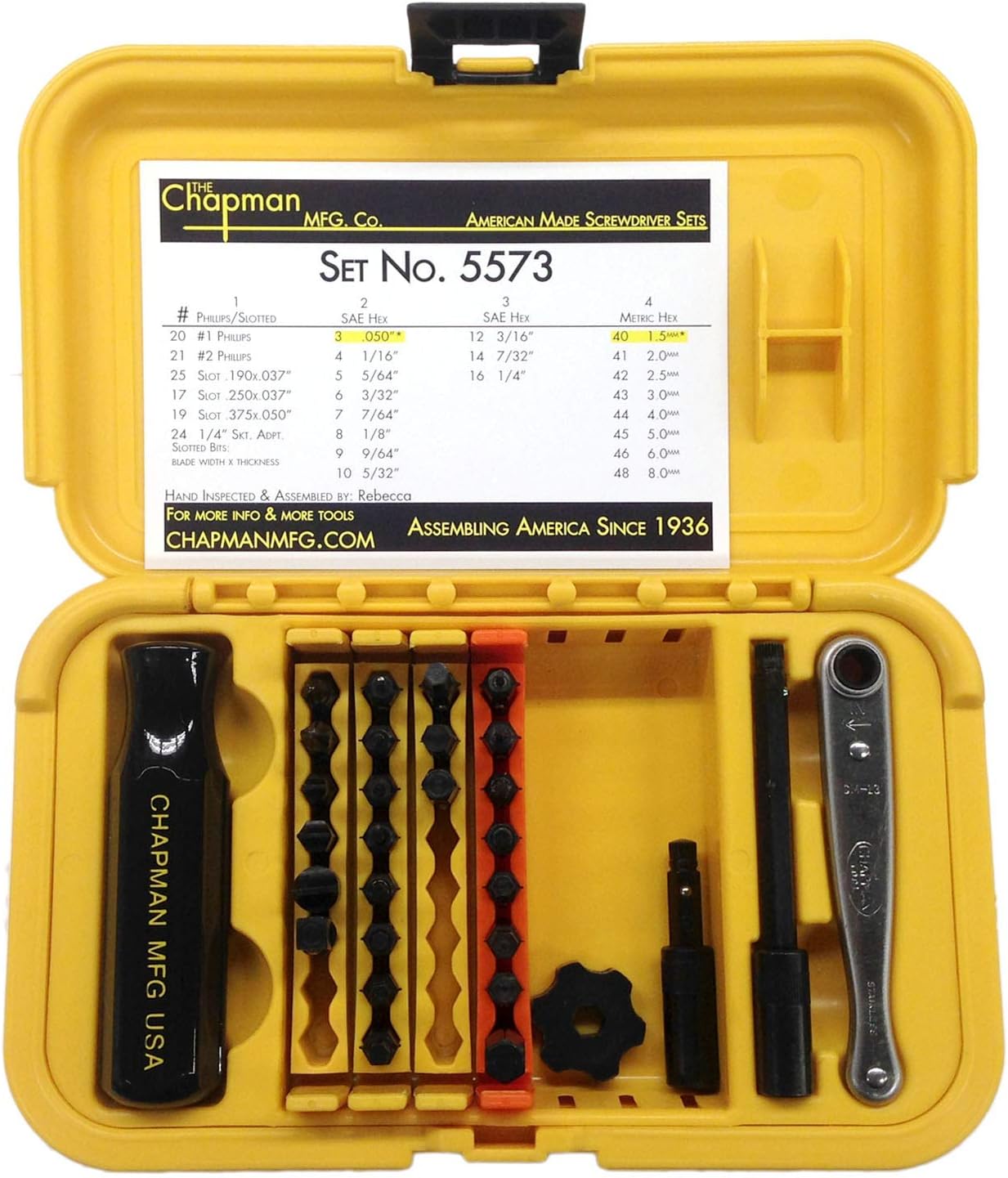 Chapman MFG 7331 All-Purpose Standard Screwdriver Set - Includes Phillips, SAE Allen Hex & Slotted/Flathead Bits - Complete Set Offers 24 USA Made Insert Bits + Mini Ratchet Hand Tool (Yellow Case)