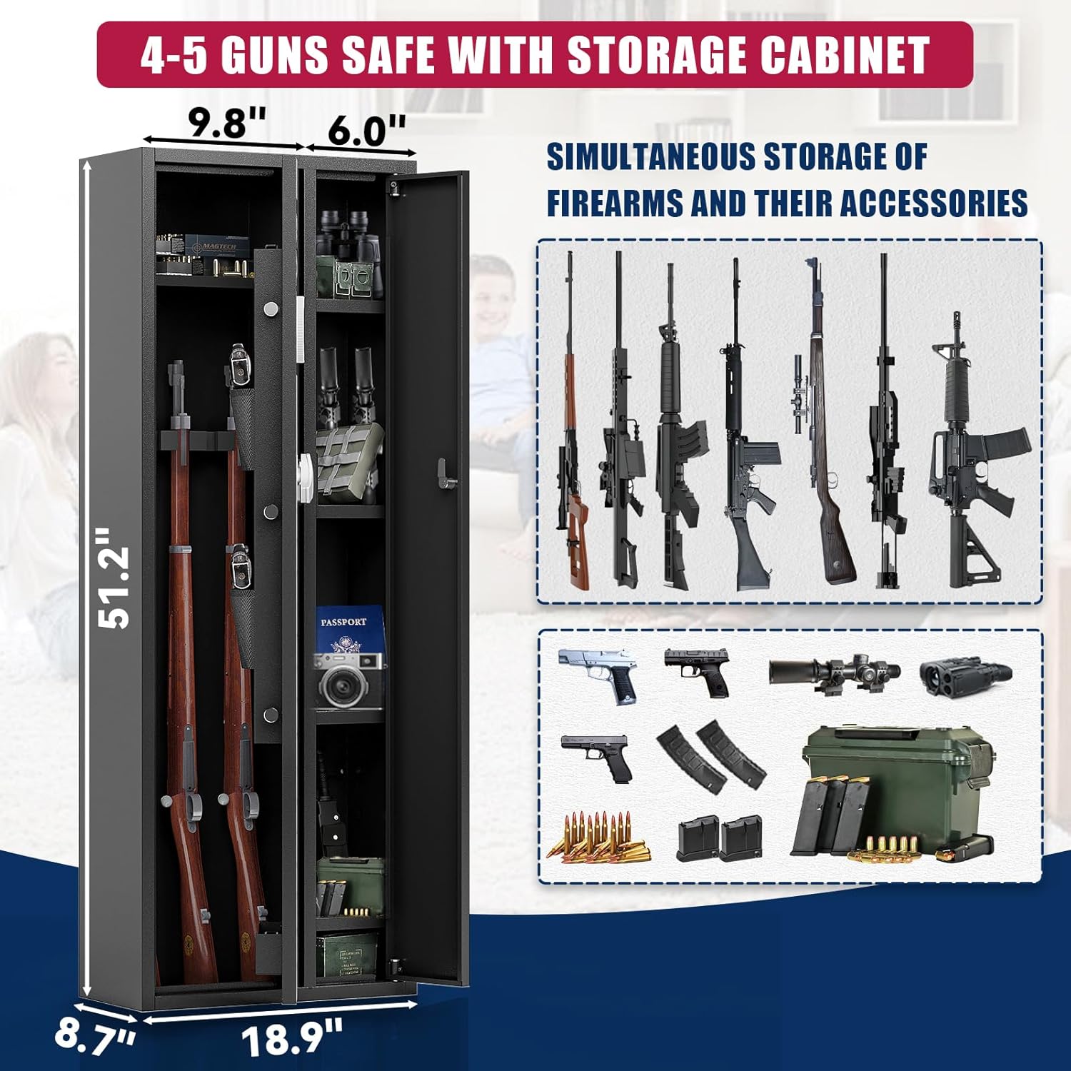 KAER 4-5 Gun Safe, Gun Safe for Rifles and Pistols, Large Gun Safes for Home and Shotgun, Gun Cabinet for Home, Gun Safes & Cabinets, Quick Access Gun Safe, Gun Safe with Removable Shelf and Gun Rack