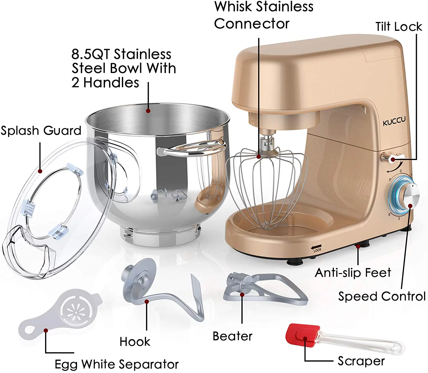Kuccu Stand Mixer, 8.5 Qt 660W, 6-Speed Tilt-Head Food Dough Mixer, Electric Kitchen Mixer with Dough Hook, Flat Beater & Wire Whisk, Mixing Bowl (8.5-QT, Gold)