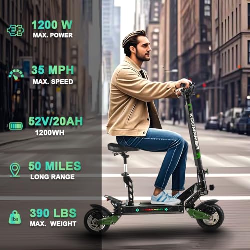 ZU06 1200W Adults Electric Scooter Up to 35 MPH, 52V Battery 50 Miles Long Range, Dual Suspension and Hydraulic Disc Brakes, 10