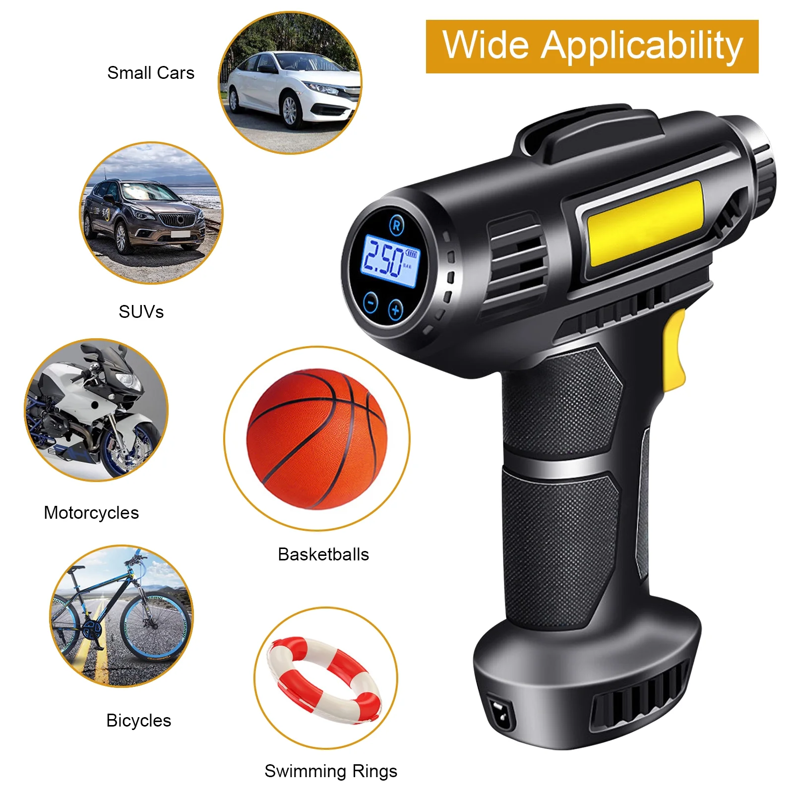 4000mAh Tire Inflator Electric Handheld Cordless Pump Portable Rechargeable Air Compressor with Digital Display for Car Bike Motorcycle Balls and Inflatables