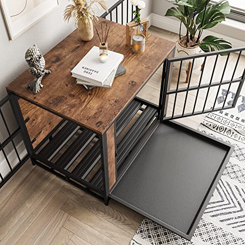 Dog Crate Furniture, Metal and Wooden Dog Crate, Dog Kennels with 3 Doors Indoor, Pet Puppy Crate End Table for Small/Medium/Large Dog, Heavy Duty Dog House, Rustic Black and Brown