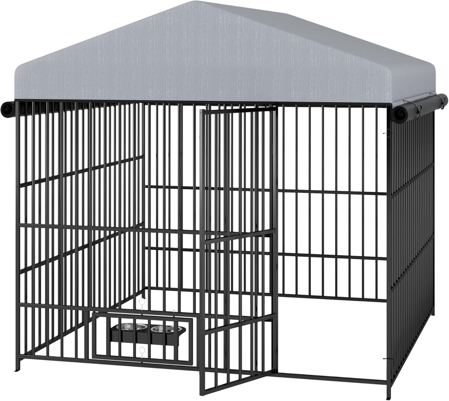 Large Outdoor Dog Kennel with Bowls, Metal Pet Pens Dogs Enclosure Animal Hutch Run Chain Link Fence House w/Waterproof Cover Roof (6.6'L x 6.6'W x 6.4'H)