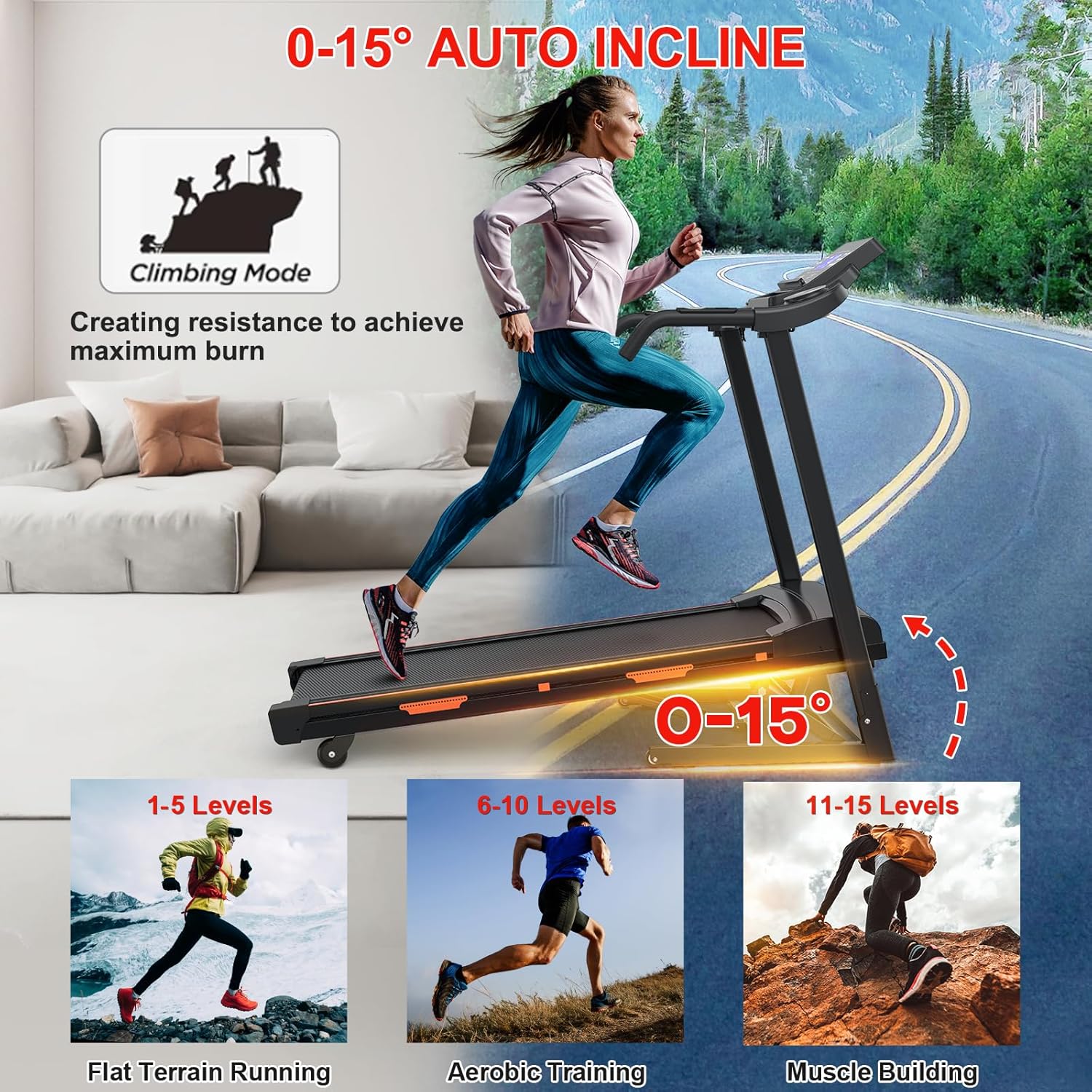 Treadmills with 0-15% Auto Incline, Folding Treadmills for Home, 3.0 HP Portable Treadmill for Running with 300LBS Weight Capacity, Bluetooth Speaker & Pulse Monitor