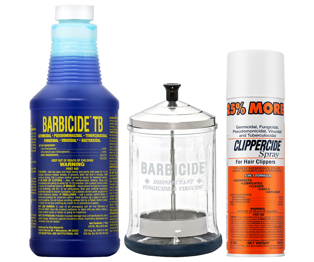 King Research Barbicide Disinfectant TB 16oz + Disinfectant Mid Jar + Clippercide Spray 15oz