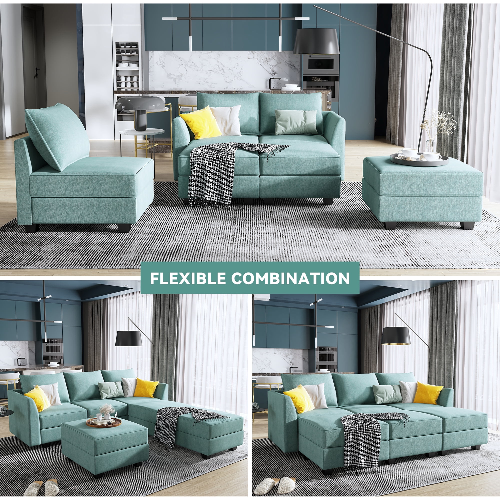 HONBAY Modern Convertible 6 Pieces Fabric Sleeper Sectional Couch Sofa Bed with Storage Ottomans, Aqua Blue - Curated Treasures Market