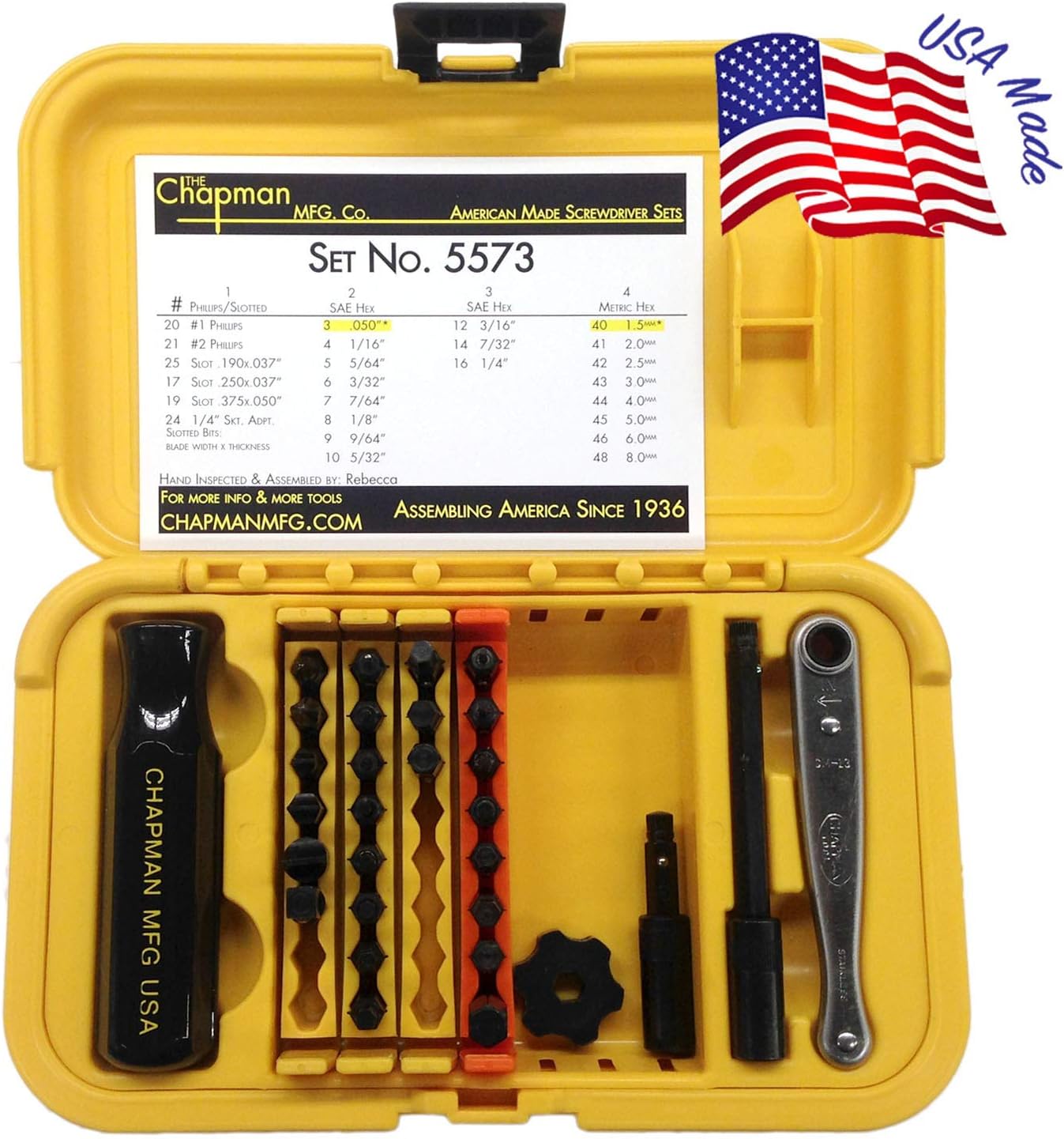 Chapman MFG 7331 All-Purpose Standard Screwdriver Set - Includes Phillips, SAE Allen Hex & Slotted/Flathead Bits - Complete Set Offers 24 USA Made Insert Bits + Mini Ratchet Hand Tool (Yellow Case)