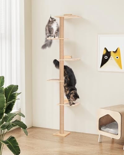 Tall Cat Tree for Wall with 15.8in Large Perch, 5 Tier Floor to Ceiling Cat Tower with Carpeted Mats, 80.3inch Cat Scratching Pole for Large Adult Cats Climb, Lookout and Play