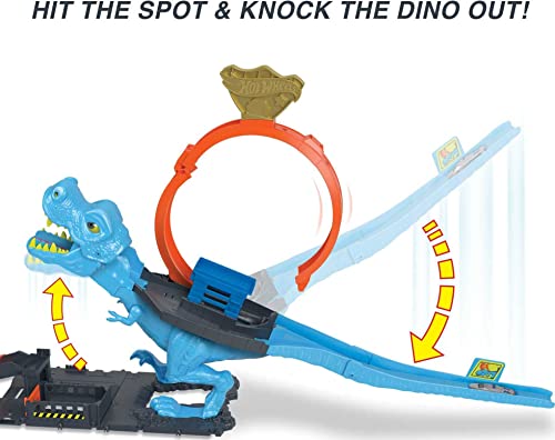 Hot Wheels City Toy Car Track Set, T-Rex Chomp Down with 1:64 Scale Vehicle, Knock Out The Giant Dinosaur with Stunts, Connects to Other Sets