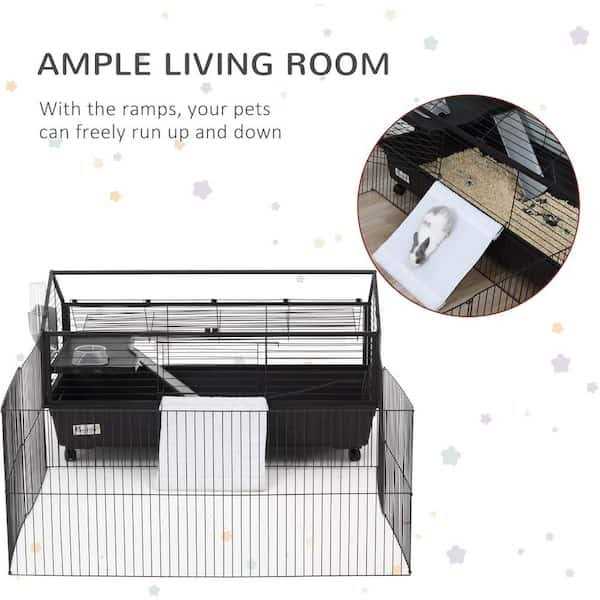 PawHut Rolling Metal Rabbit Guinea Pig or Small Animal Hutch Cage with Main House and Run - Pet Supplies online store