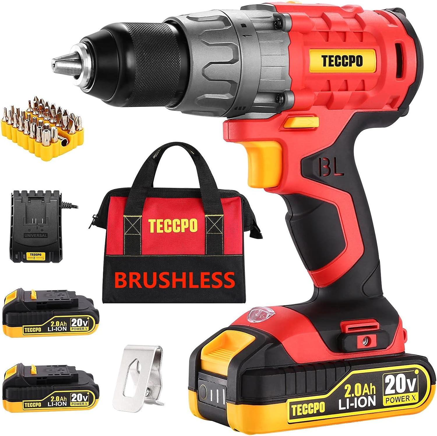 TECCPO Cordless Drill, 20V Drill Set Power Drill, Brushless Drill Driver with 2 Batteries, 530 In-lbs, 1/2