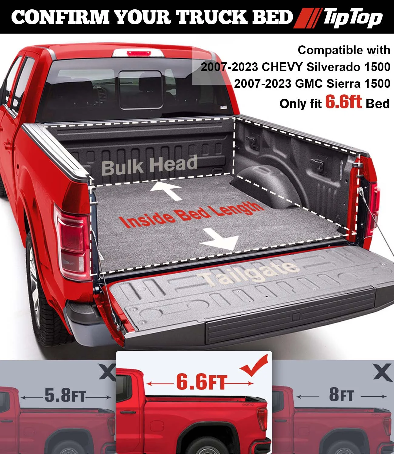 TIPTOP Tri-Fold Hard Tonneau Cover Truck Bed FRP On Top For 2007-2023 CHEVY Silverado 1500 & GMC Sierra 1500 with 6.6ft Bed (78.9