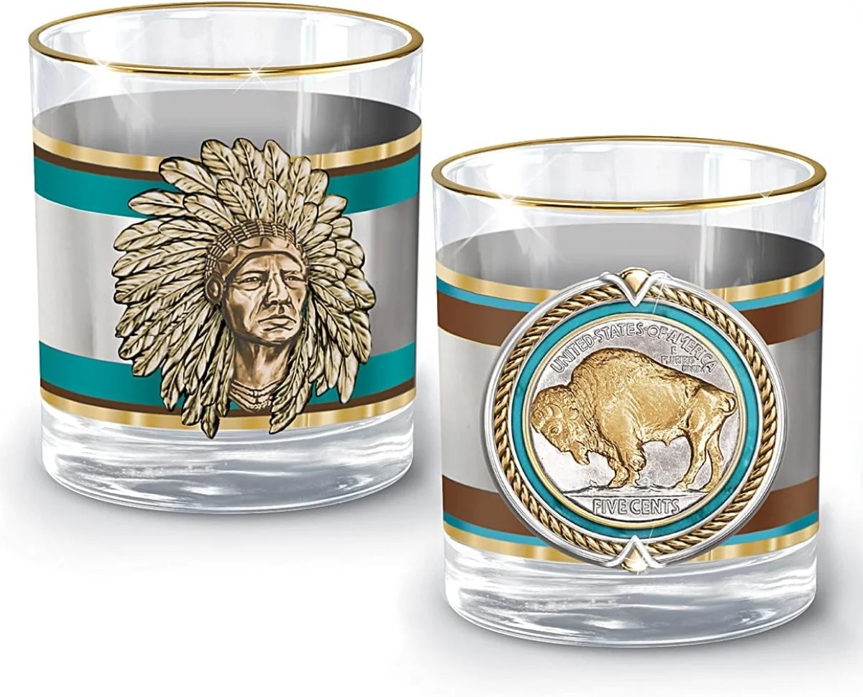 The Bradford Exchange Pride of The West Decanter and Glass Set American Western Buffalo Nickel Inspired Collection with 12K Gold Rims in Satin Gift Box 5 Pieces