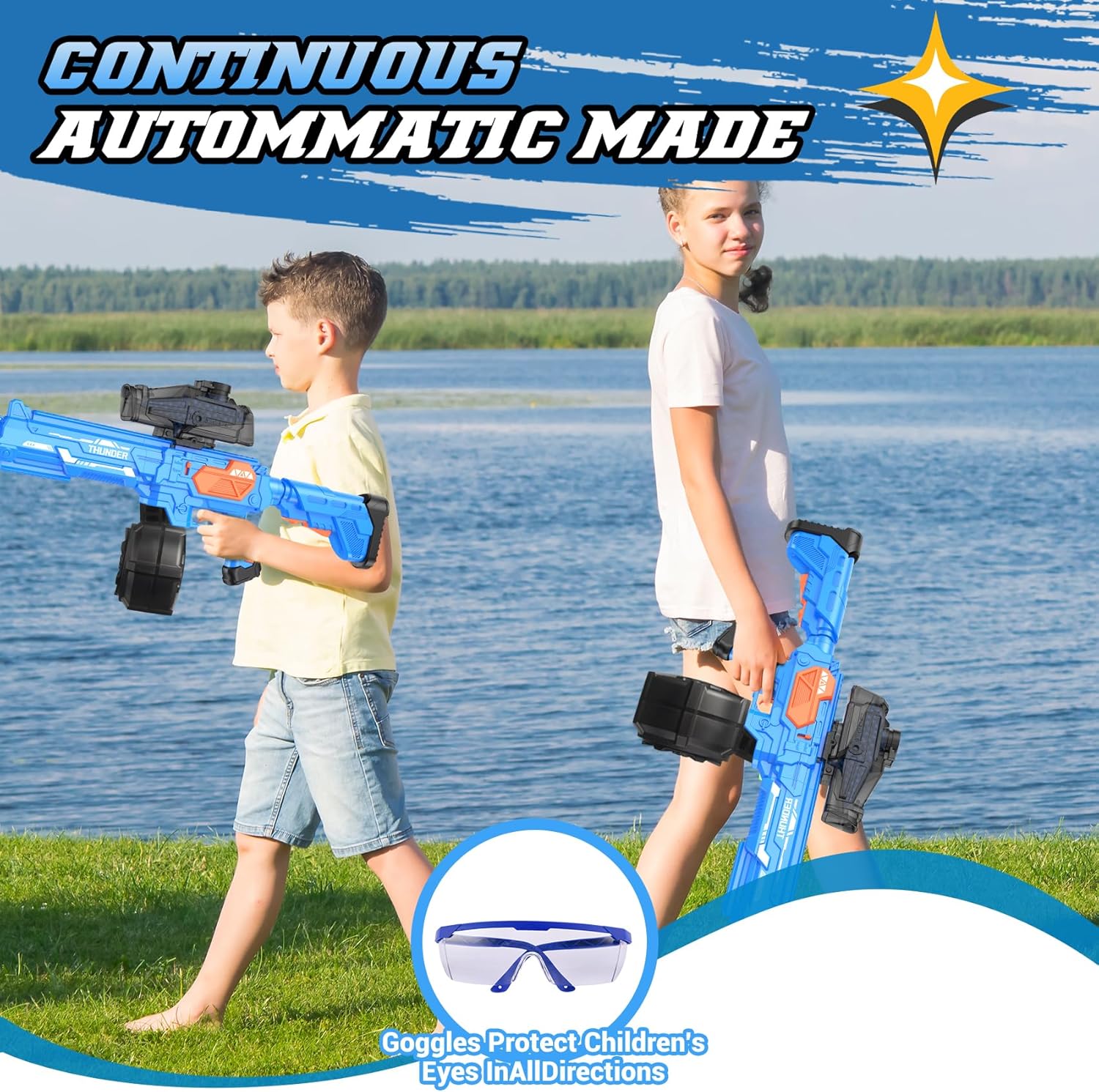 Large Gel Ball Blaster with Drum, Automatic and Manual Splatter Blaster, Electric Splat Blaster, Capacity Upgrade（Blue）