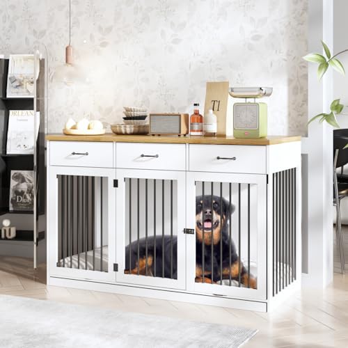 Extra Large Dog Crate Furniture with 3 Drawers, Indoor Heavy Duty Dog Kennel House, 55.3