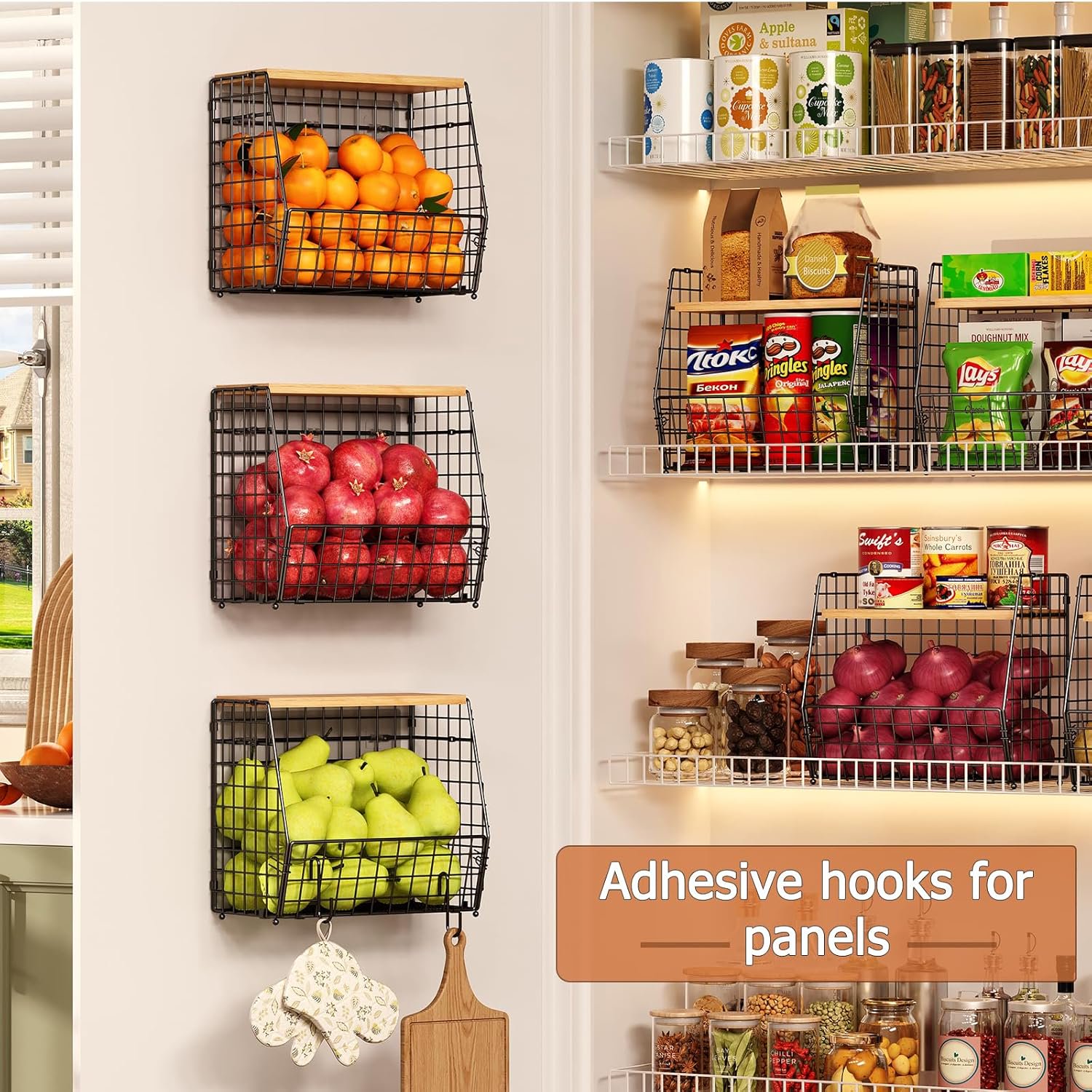 3 Pack Hanging Kitchen Baskets with Adjustable Wood Lid & S Hook- No Drilling Adhesive Wall Mount Wire Basket Over the Cabinet Door Organizer, Onion and Potato Storage for Pantry, Kitchen, Bathroom