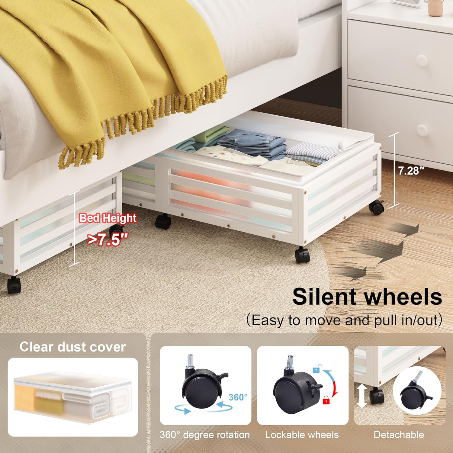 Under Bed Storage Containers With Wheels - 2 Pcs Bamboo Wood Rolling Shoe Storage Bins With Dust Bags for Clothes Blankets, Duvet Covers Snacks Toys (White)