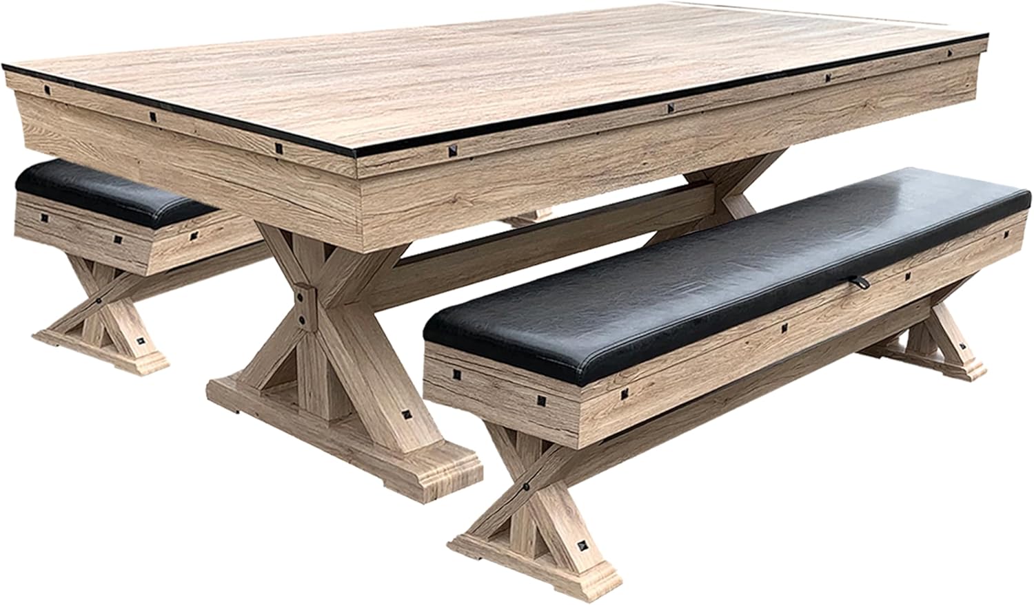 7 FT 3 in 1 Multi Game Pool Table with Dining Top Pool Table Ping Pong Table Combo with Dual Storage Bench Seating, Rustic Oak