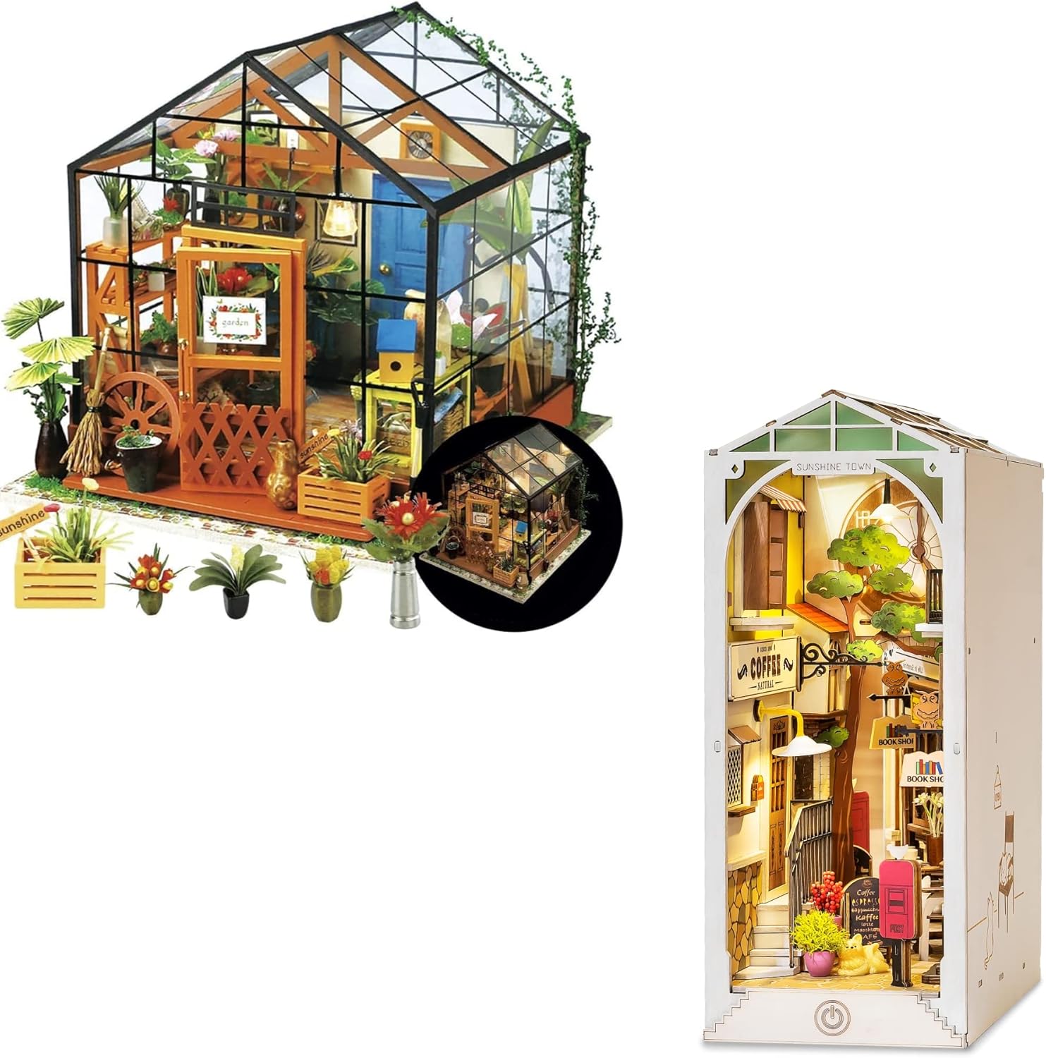 Rolife DIY Miniature Dollhouse Greenhouse Kits and DIY Sunshine Town Book Nook Kits