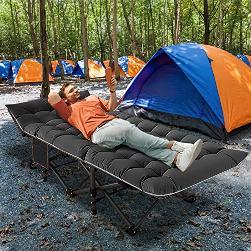 ABORON Folding Camping Cot W/Mat for Adults, Heavy Duty Outdoor Bed with Carry Bag,1200 D Layer Oxford Travel Camp Cots