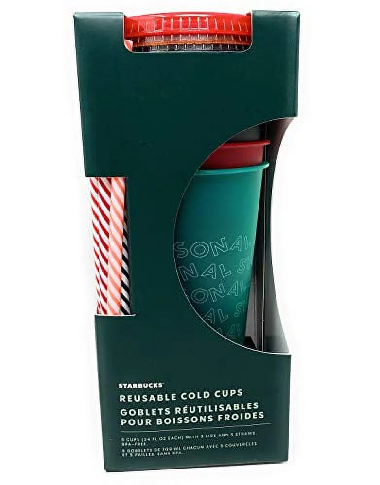 Limited Edition Holiday 2019 Starbucks Reusable Cold Cups With Lids & Straws 5 Pack 24 Ounces Tumbler