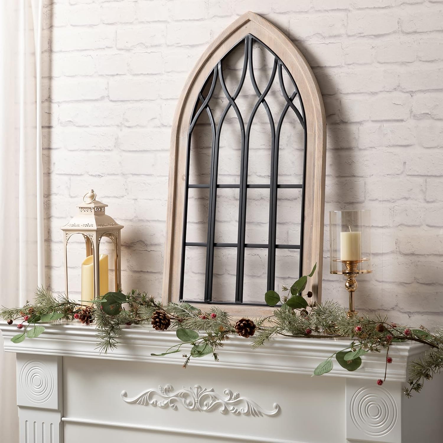 ALIMORDEN Gothic Style Arched Wood and Metal Rustic Window Pane Decorative Cathedral Window Frame, Vintage Country Decor for Living Room Balcony Livingroom Distressed Rustic Brown