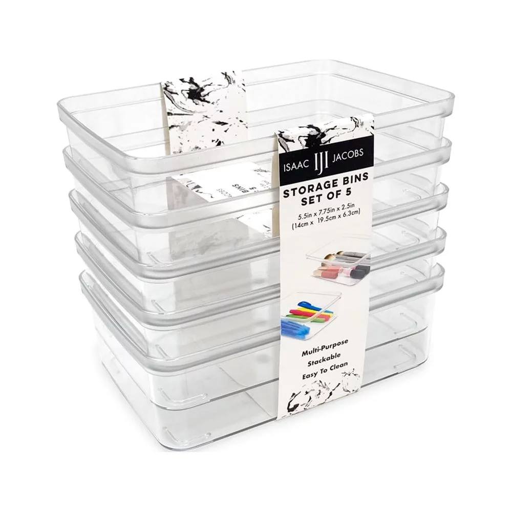 Isaac Jacobs 5-Pack Small Clear Plastic Storage Bins, Fridge/Freezer/Food Safe, BPA Free