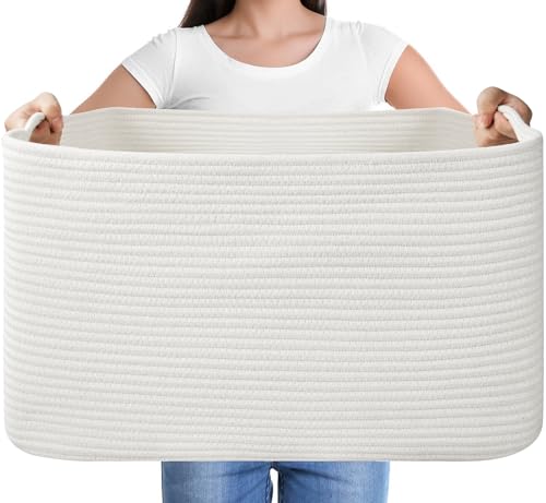 Large Blanket Basket, Rectangle Woven Baskets for Storage, Blanket Storage for Living Room, Cotton Rope Basket for Toys，Big Storage Basket for Blankets