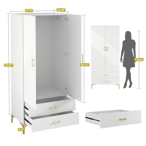 FeLeA Wardrobe Closet for Hanging Clothes, Armoire Portable Closet with Two Drawers & Hanging Rod, 2 Door Freestanding Wardrobe Cabinet for Bedroom,White,(31.5