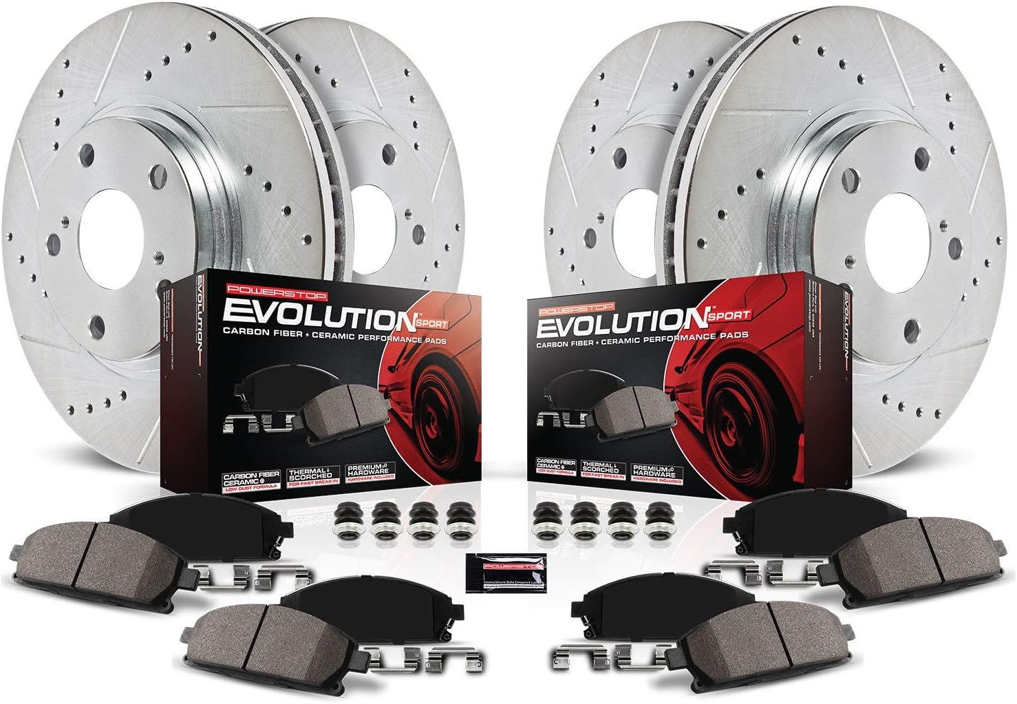 Power Stop K6560 Front and Rear Z23 Carbon Fiber Brake Pads with Drilled & Slotted Brake Rotors Kit