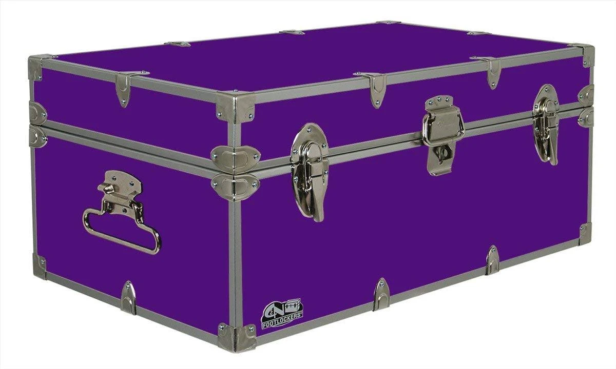 Cu0026N Footlockers Happy Camper Storage Trunk - Summer Camp Chest - Durable with Lid Stay - 32 x 18 x 13.5 Inches (Purple)